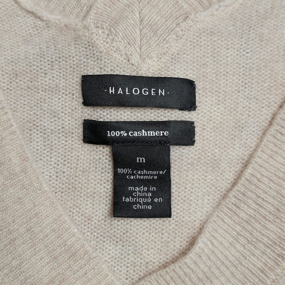 Halogen 100% Cashmere V Neck Pullover Sweater Long Sleeve Beige Cream M Classic - Picture 8 of 11